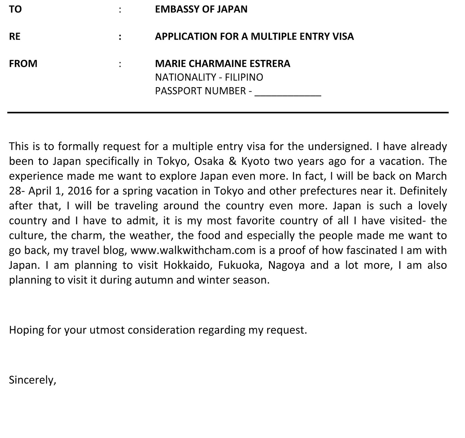 sample cover letter japan visa application